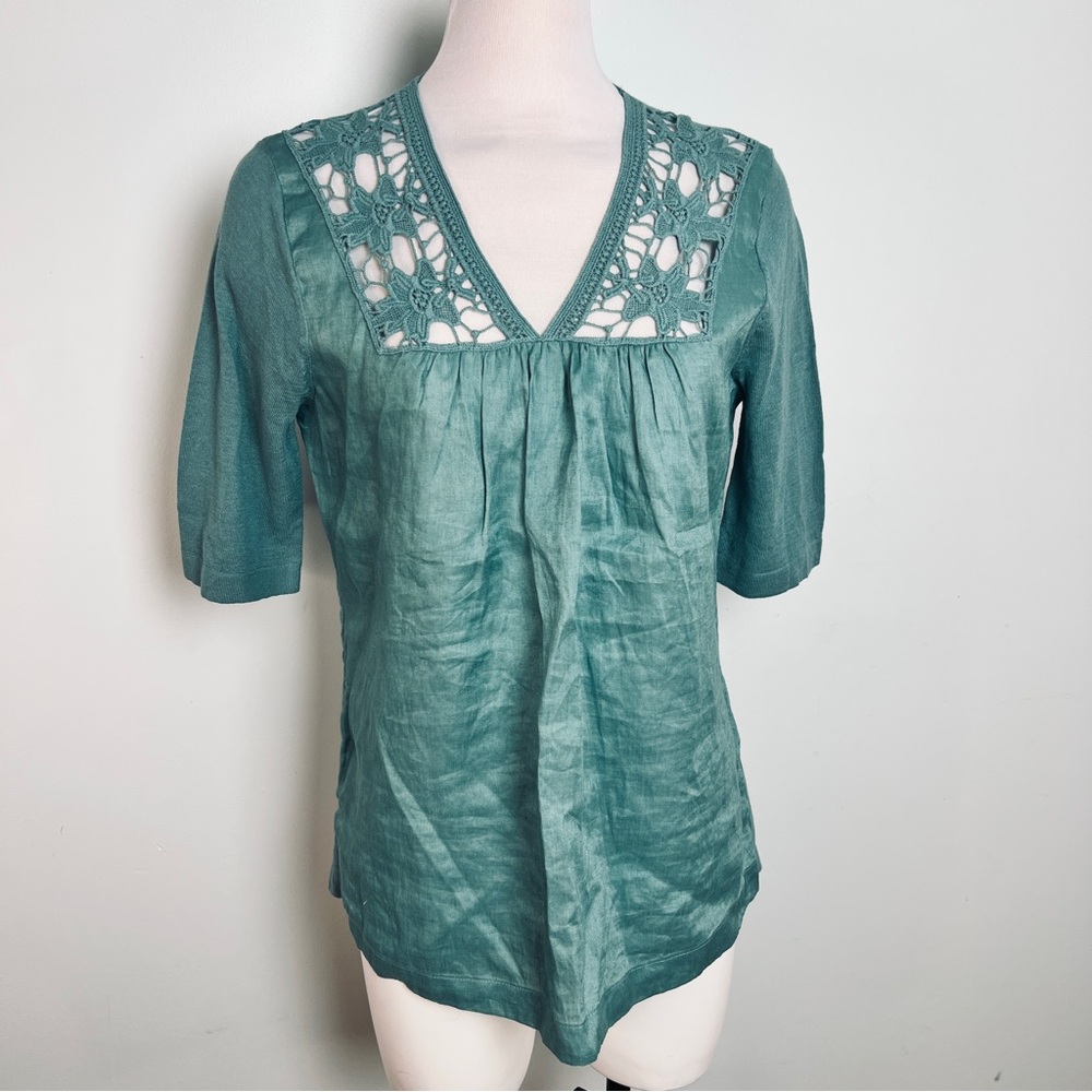 August Silk Teal Crochet Lace Yoke V Neck Tunic Top Blouse Medium